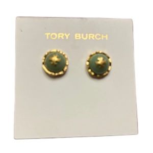 New Tory Burch Logo Round Stud Earrings- Rope Gold Emerald
